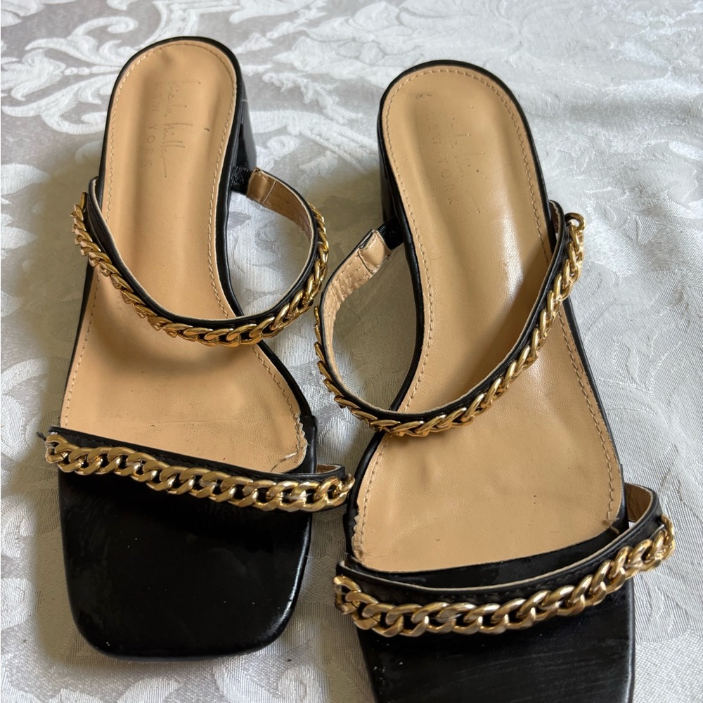 Nicole Miller Black Slide Sandals with Gold Chain Trim